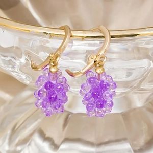 ACRYLIC GRAPE GOLD HOOP AND PURPLE GRAPE SHAPED "GLASS" EARRINGS